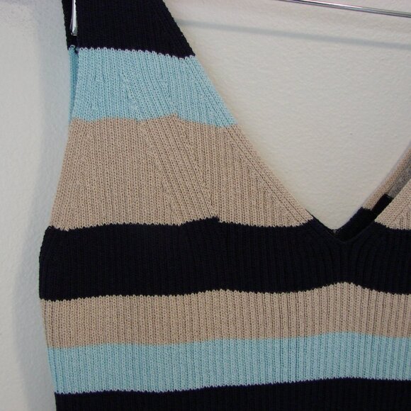 BCBG MaxAzria Rib Knit Tank Dress Bodycon Blue Tan Striped V-neck Stretch Small - Picture 6 of 11